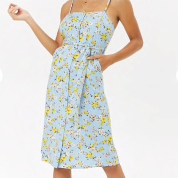 FOREVER 21 Floral Button Front Midi Dress Blue Yellow NWT Medium - Picture 2 of 11
